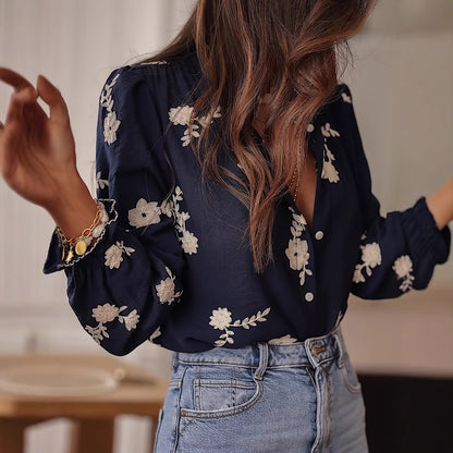 Women's Floral Embroidered V-Neck Long Sleeve Blouse