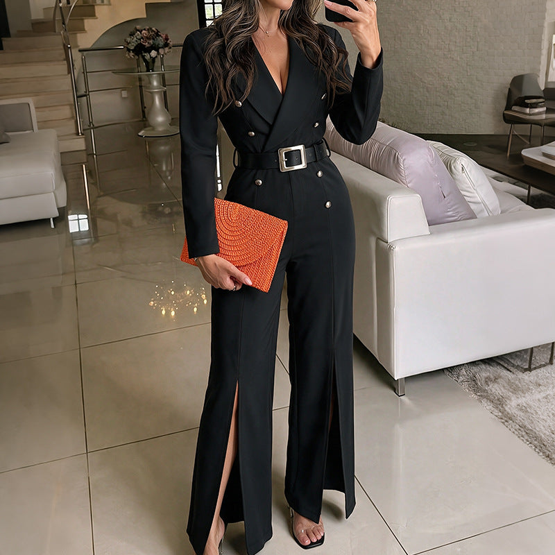 Women Belted Blazer Jumpsuit High Waist Flare Slit Black