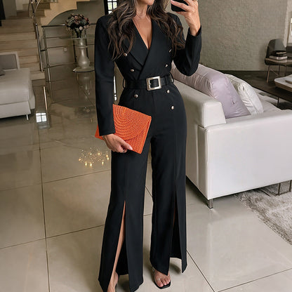 Women Belted Blazer Jumpsuit High Waist Flare Slit Black