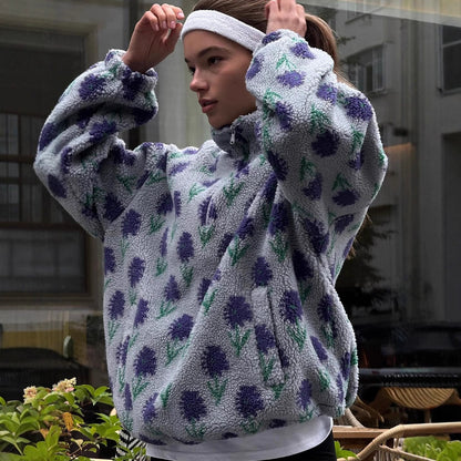 Floral Fleece Half Zip Pullover High Neck Oversized Sweatshirt