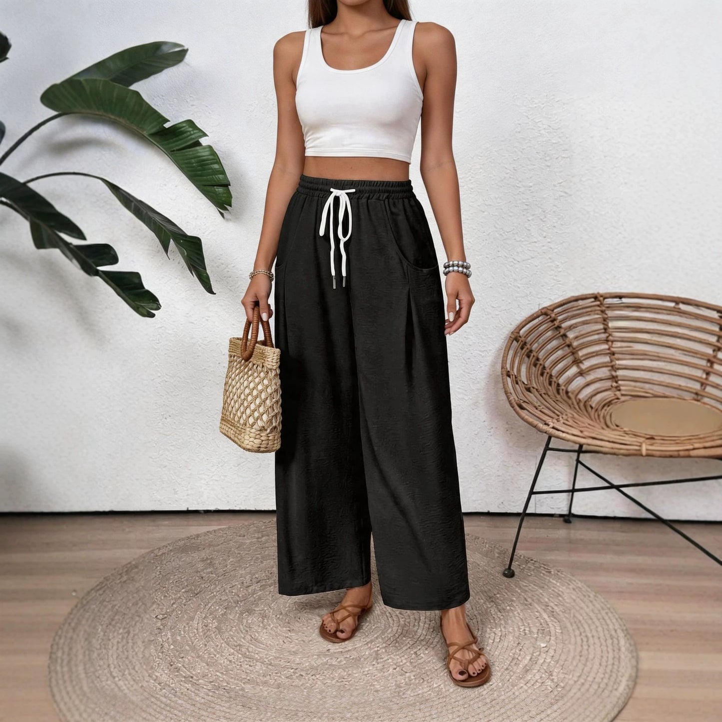 Women's High Waist Wide Leg Drawstring Pants with Pockets