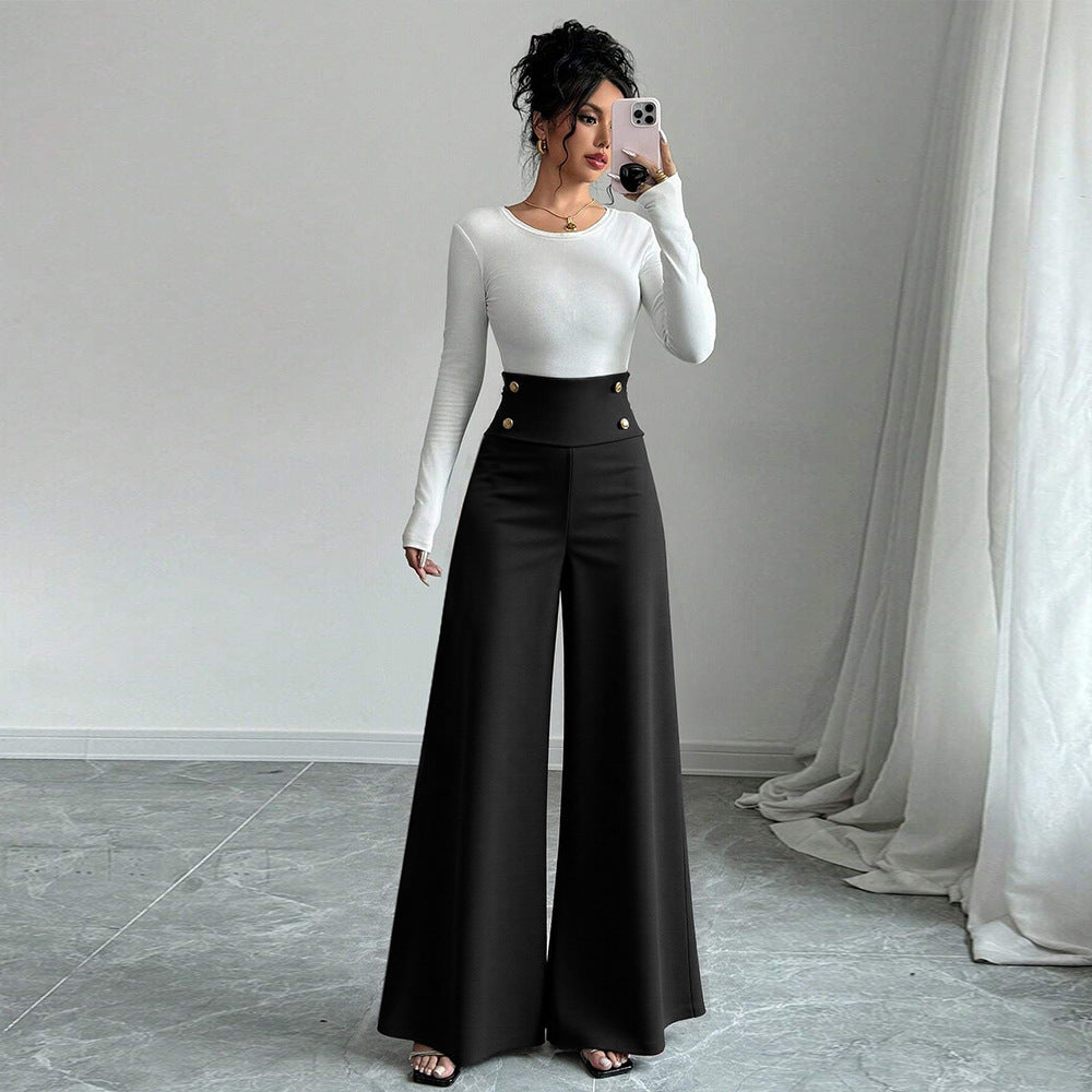 Black High Waist Wide Leg Pants Button Trousers