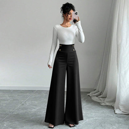 Black High Waist Wide Leg Pants Button Trousers