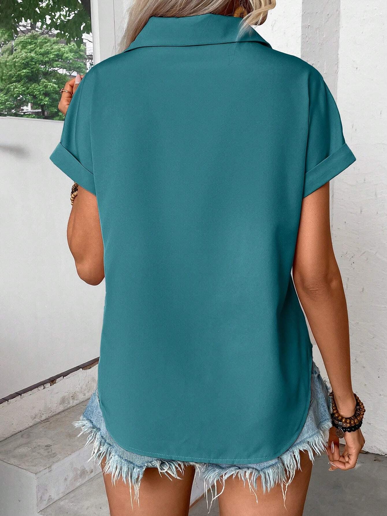 Pleated Shoulder Button Down Shirt with Pockets