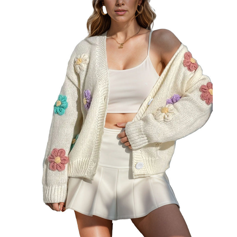 Womens Oversized Floral Crochet Cardigan Button Front