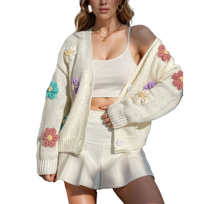 Womens Oversized Floral Crochet Cardigan Button Front