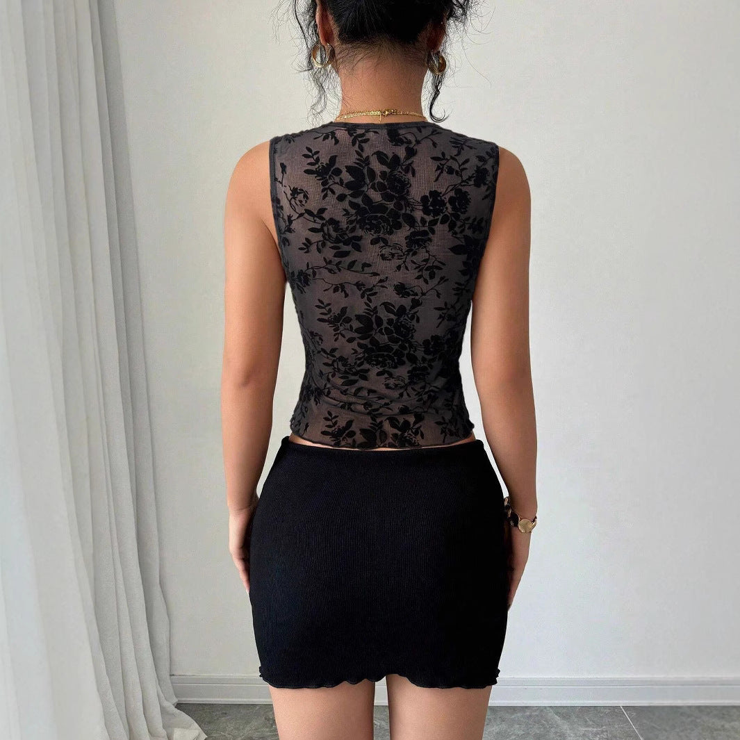 Sexy Black Flocked Mesh V Neck Lace Tank Top