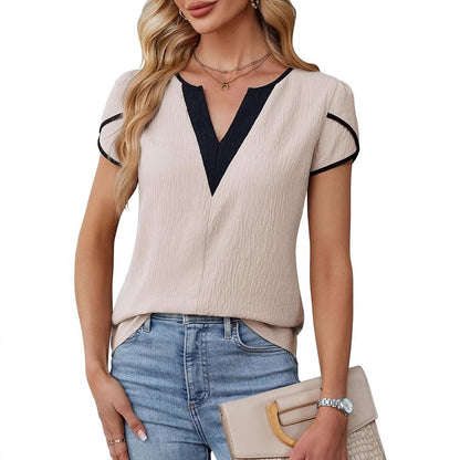 Color Block V Neck Short Sleeve Blouse for Women