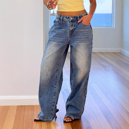 Women's Vintage Washed Wide Leg Heart Pocket Denim Jeans