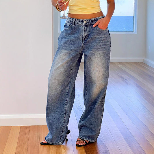 Women's Vintage Washed Wide Leg Heart Pocket Denim Jeans