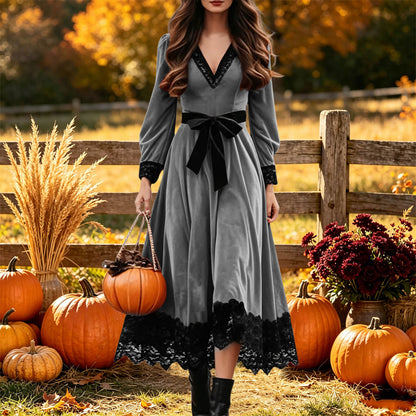 Velvet Maxi Dress V-Neck Lace Trim Puff Sleeve Flowy