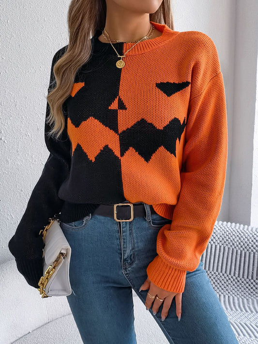 Ghost Pumpkin Colorblock Long Sleeve Sweater for Fall & Halloween