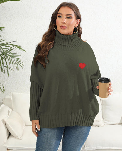 Women's Love Sticker Sweater Solid Color Turtleneck Loose Pullover