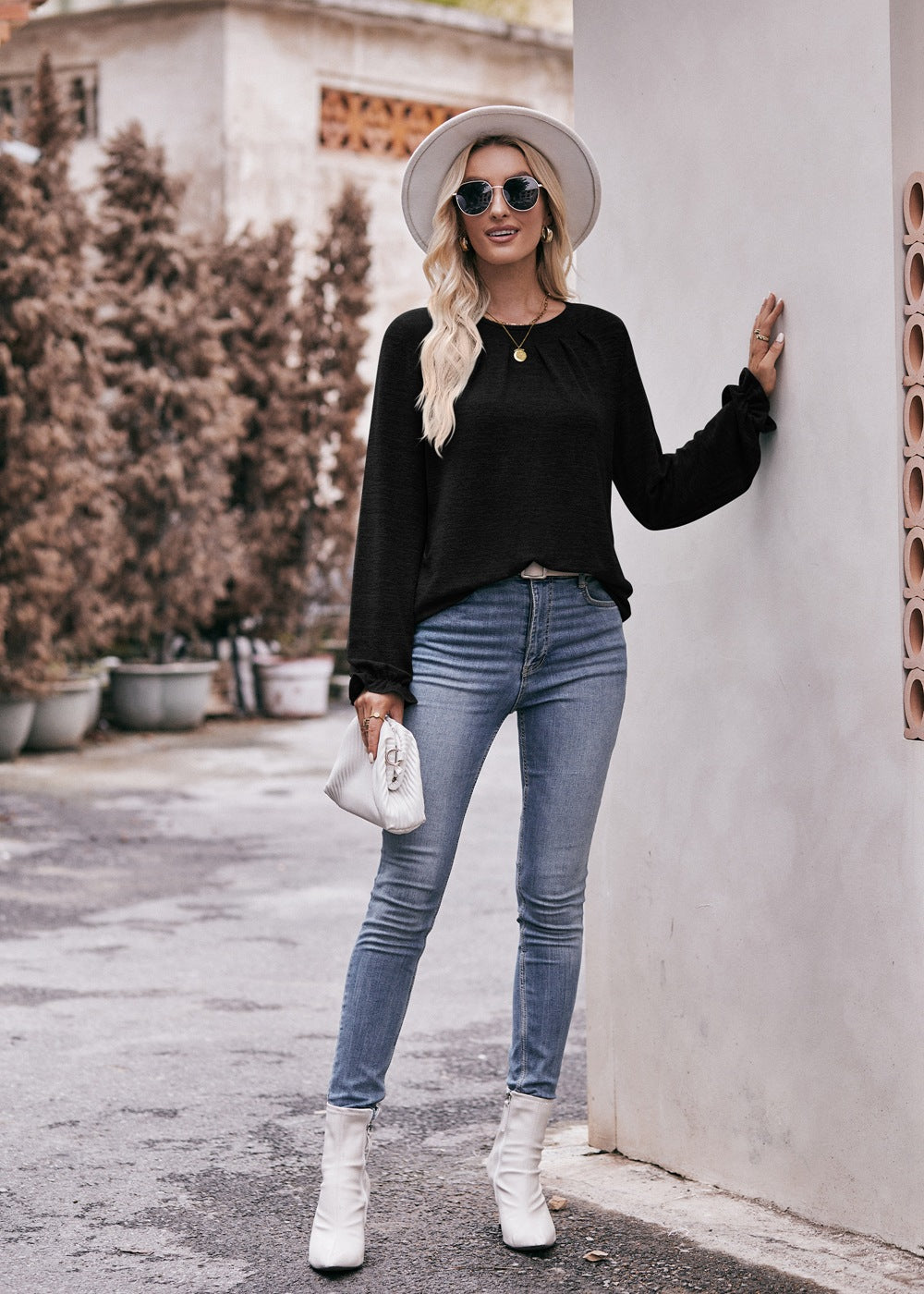 Round Neck Pleated Long Sleeve Brushed Knit Top