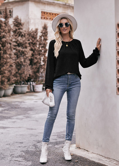 Round Neck Pleated Long Sleeve Brushed Knit Top