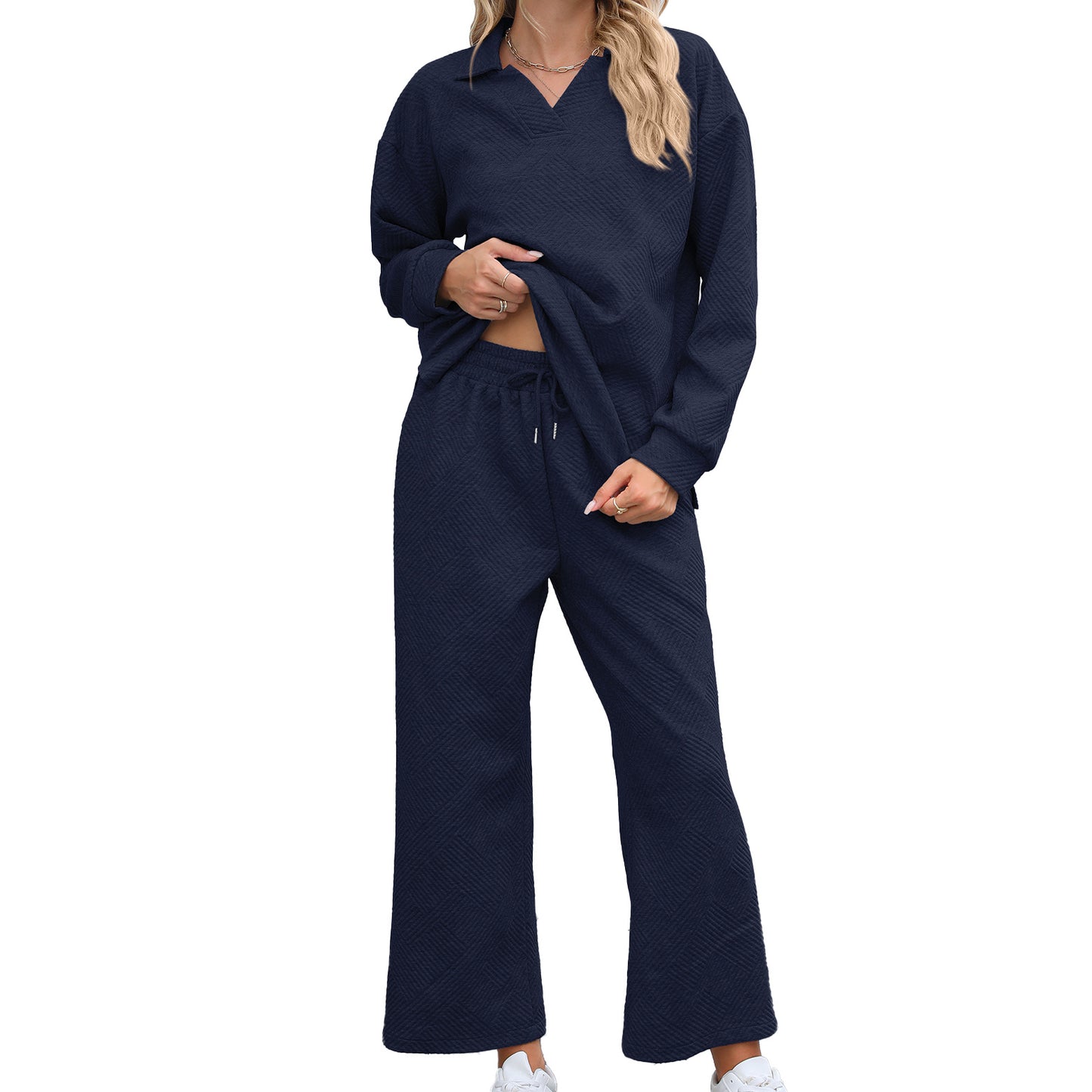 Women's Lounge Set Long Sleeve Collar Top Wide Leg Pants