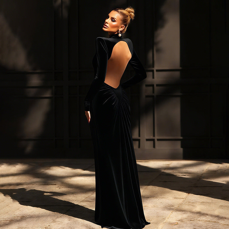 High Neck Cutout Long Sleeve Ruched Bodycon Maxi Dress