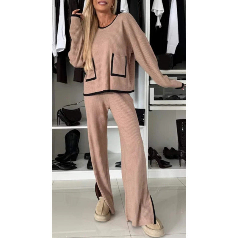 Women's Color Block Knit Sweater Wide Leg Pants Set