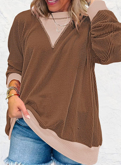 Colorblock Ribbed Sweatshirt Women Casual V Neck Pullover