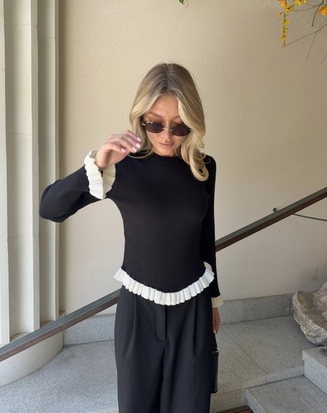 Ruffle Trim Crew Neck Ribbed Knit Sweater