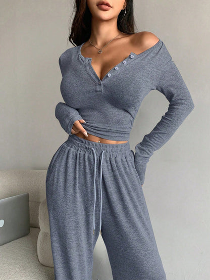 Women's Off Shoulder Button Front Knit Two Piece Pants Set
