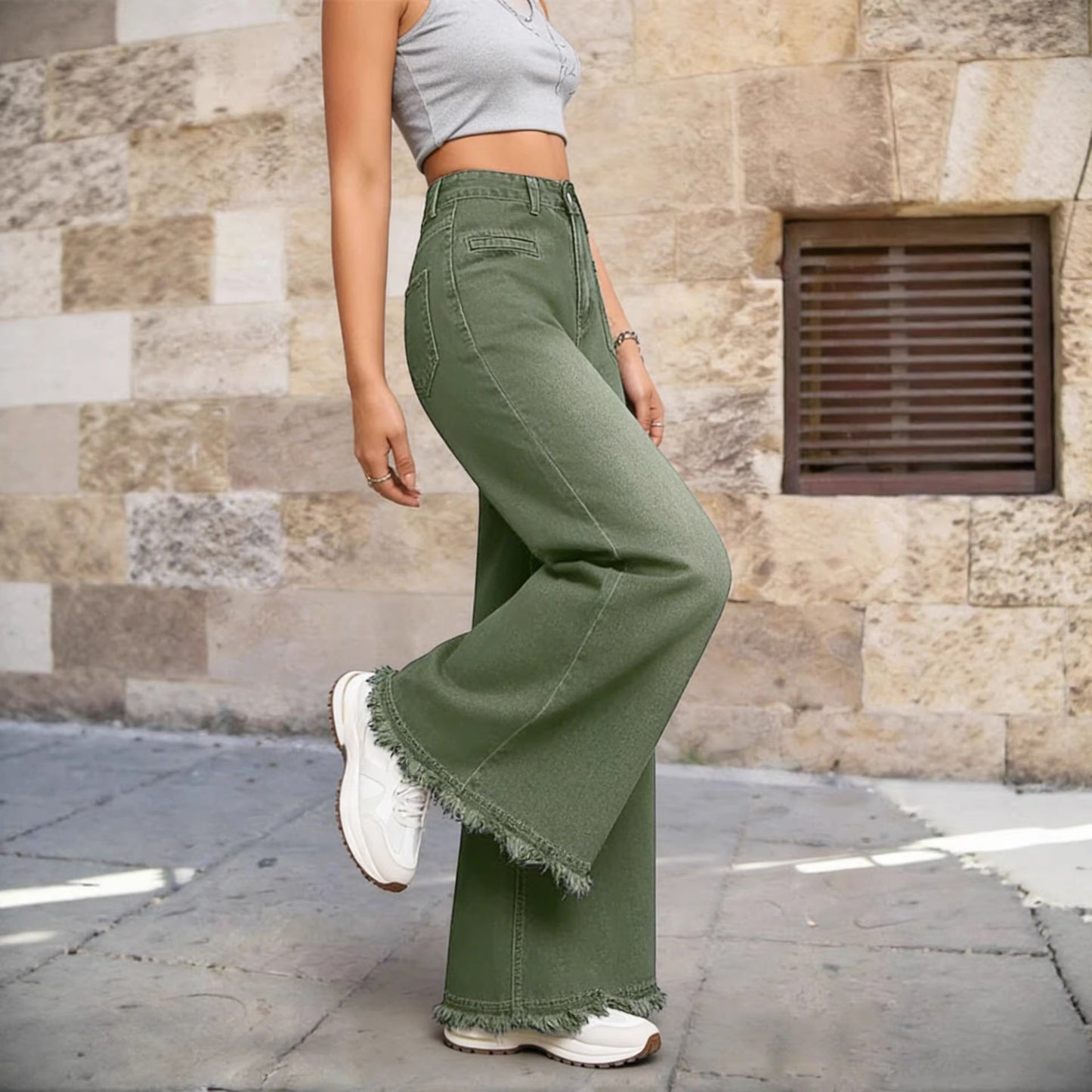 Women's Vintage Washed High Waist Raw Hem Wide Leg Jeans