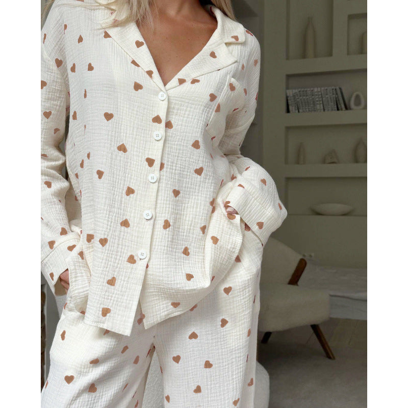 Women's Heart Print Cotton Pajama Set Long Sleeve Pants