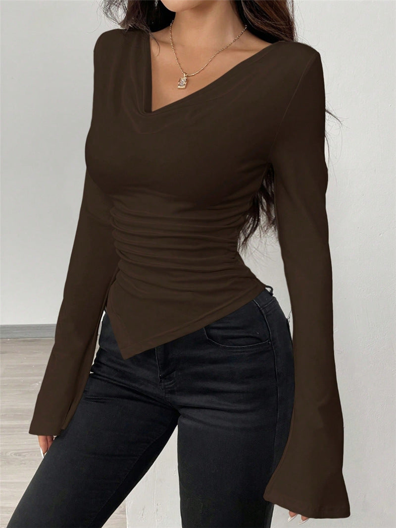 Women's V-Neck Ruched Long Sleeve Off Shoulder Fitted Top