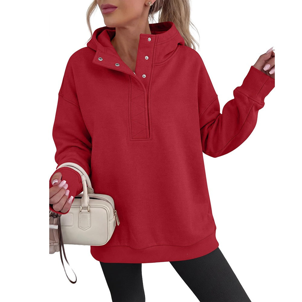 Snap Button Oversized Pullover Hoodie Sweatshirt