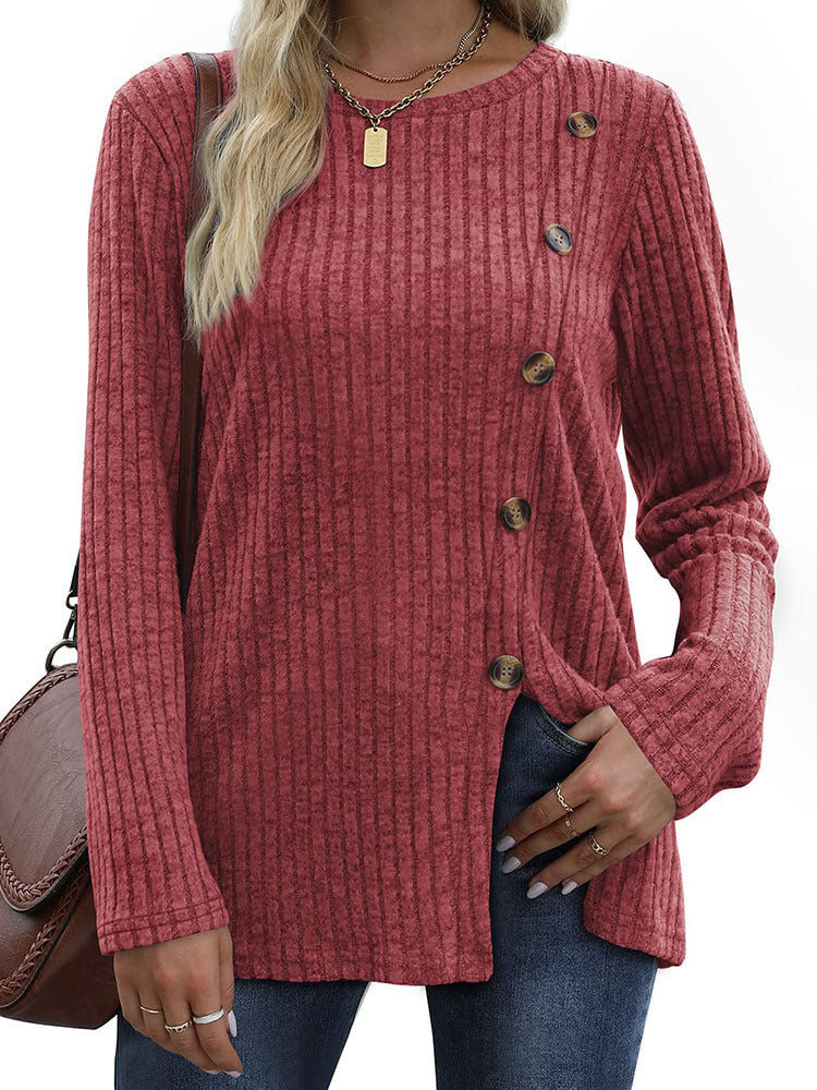 Women's Side Button Ribbed Long Sleeve Tunic Top