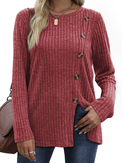 Women's Side Button Ribbed Long Sleeve Tunic Top