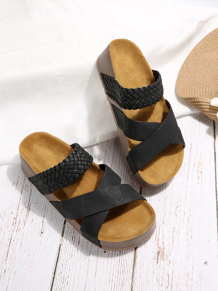 Black Braided Detail Criss Cross Platform Slippers