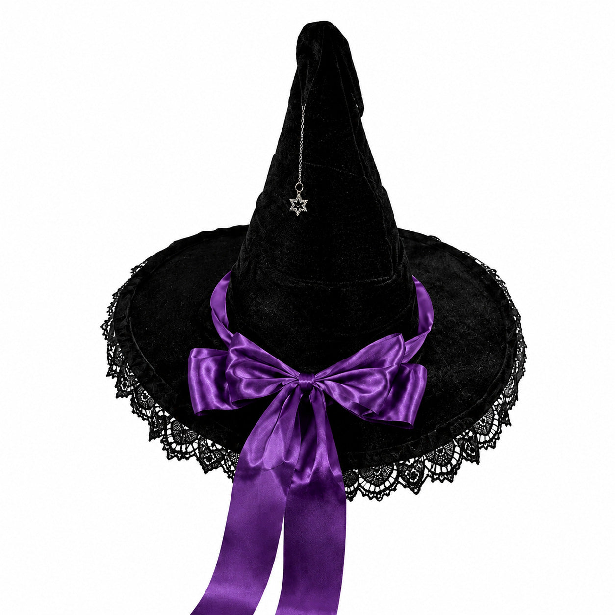 Gothic Velvet Witch Hat with Lace Brim and Satin Bow