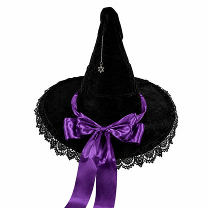 Gothic Velvet Witch Hat with Lace Brim and Satin Bow