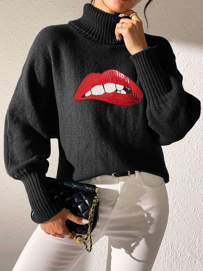 Ladies Bottom Shirt Sequin Embroidered Lip Turtleneck