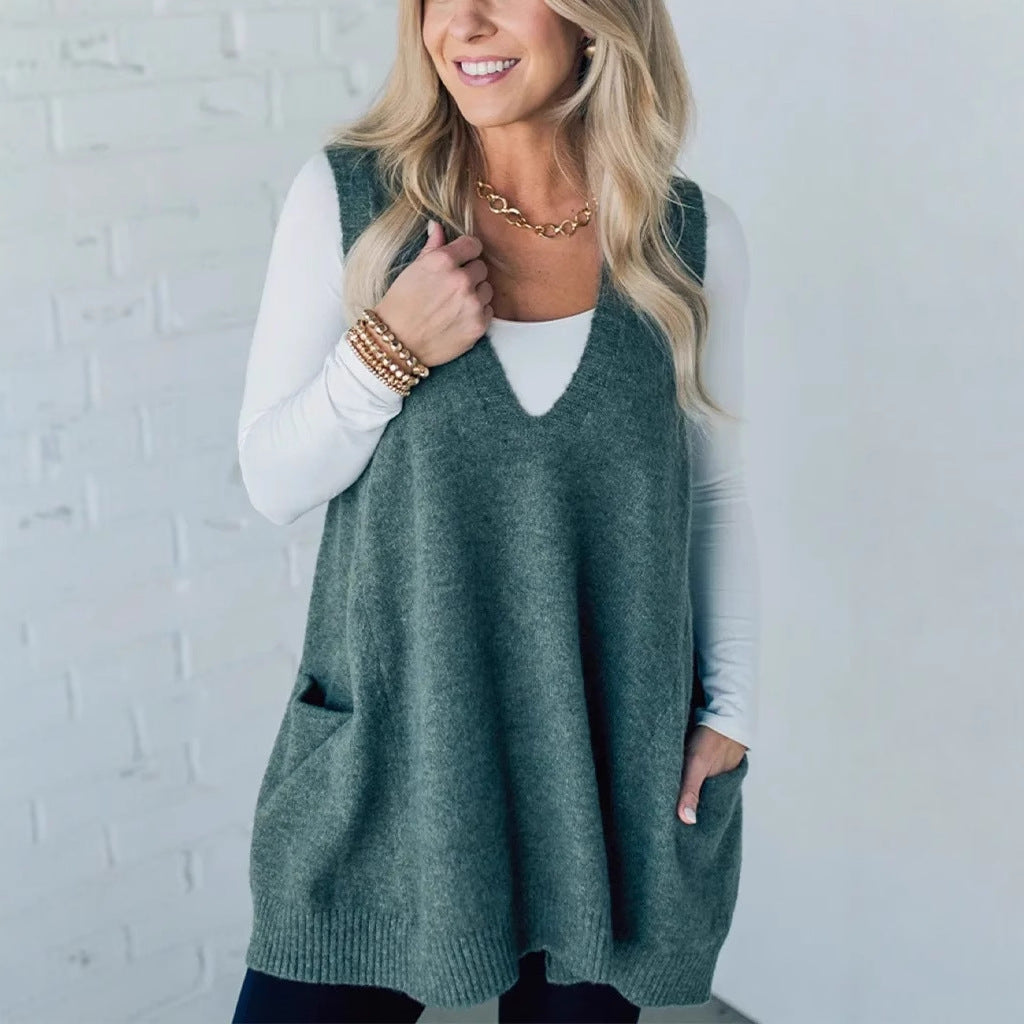 Women's Oversized V-Neck Knit Sweater Vest with Pockets