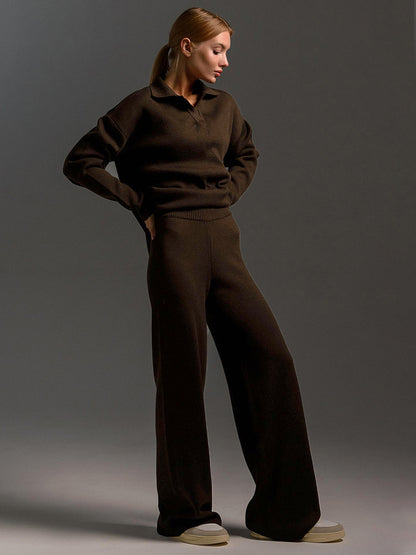 Women's Polo Knit Sweater Set with Wide Leg Pants