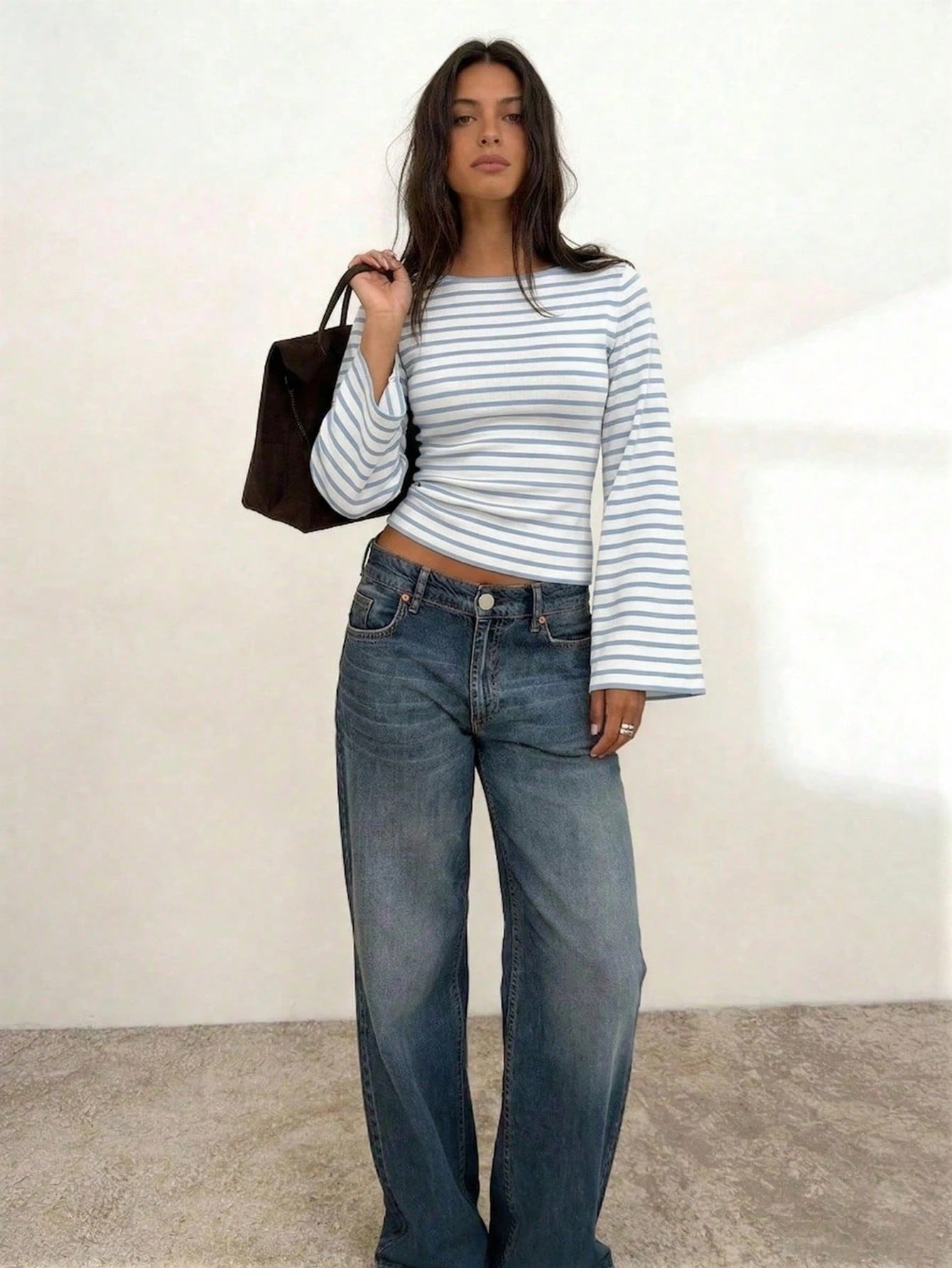 Striped Knit Crop Top Bell Sleeve Y2K Slim Fit