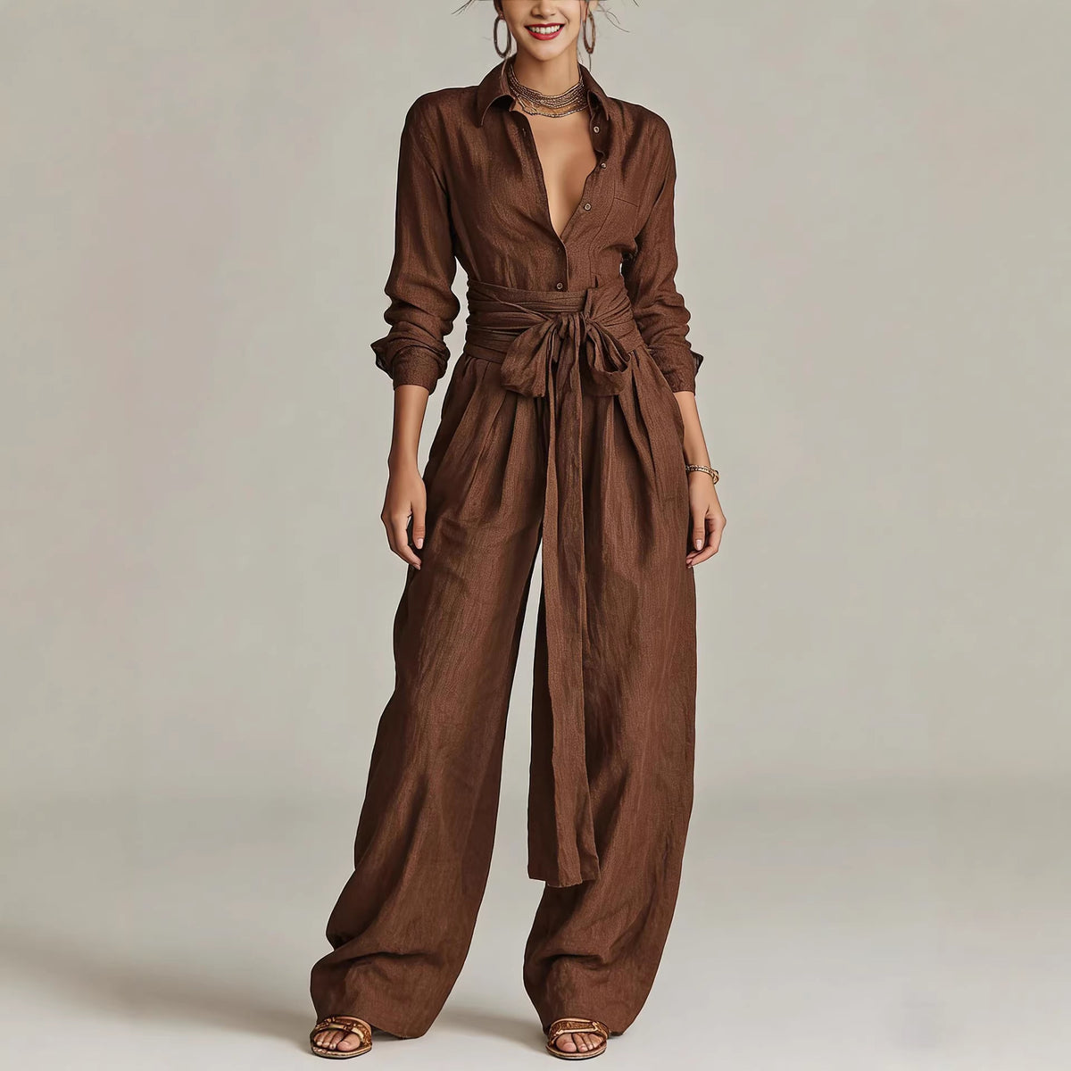 Linen Two Piece Set High Waist Wide Leg Pants