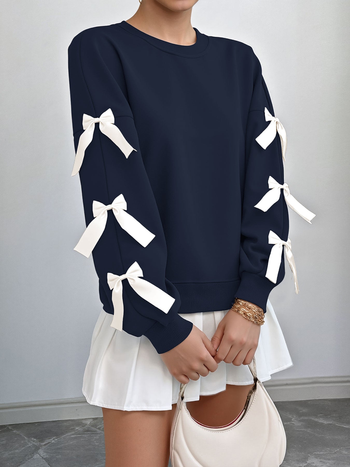 Bow Sleeve Round Neck Long Sleeve Sweatshirt
