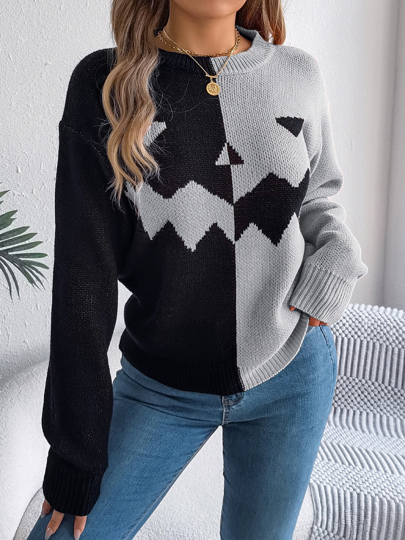 Ghost Pumpkin Colorblock Long Sleeve Sweater for Fall & Halloween