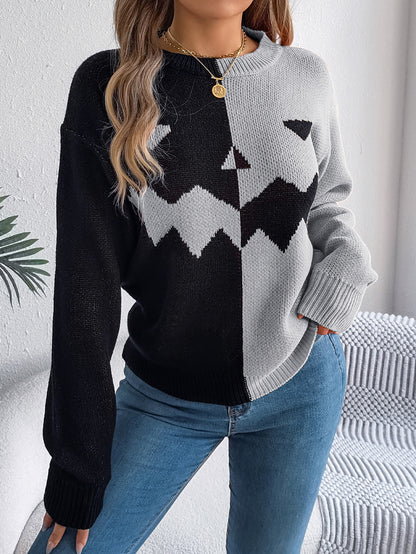 Ghost Pumpkin Colorblock Long Sleeve Sweater for Fall & Halloween