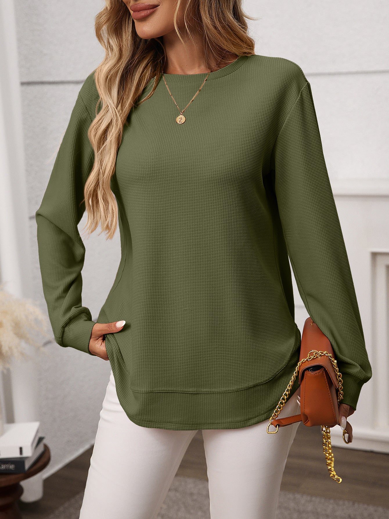 Solid waffle knit tunic top layered curved hem