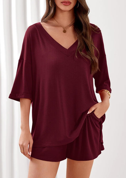 Ribbed V Neck Lounge Set Oversized Top Shorts Set