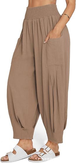 Women's Cotton Linen Harem Pants High Waist Pockets