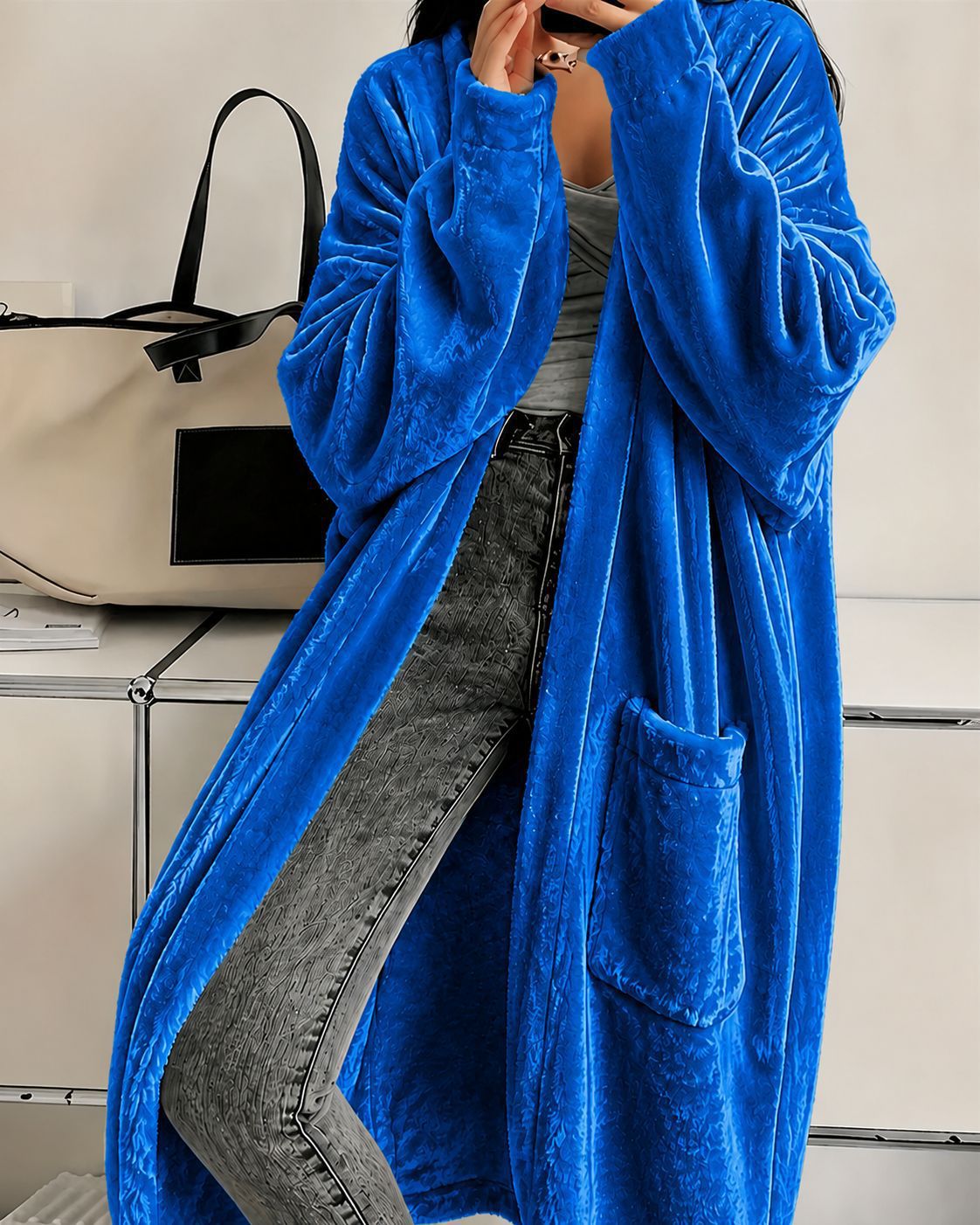 Women's Velvet Duster Coat Long Sleeve with Pockets