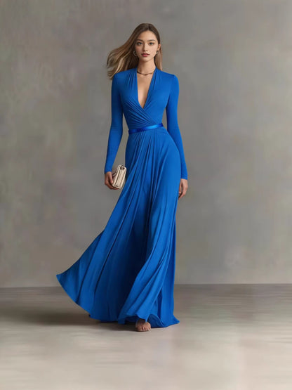 Elegant Deep V-Neck Long Sleeve Belted Maxi Dress