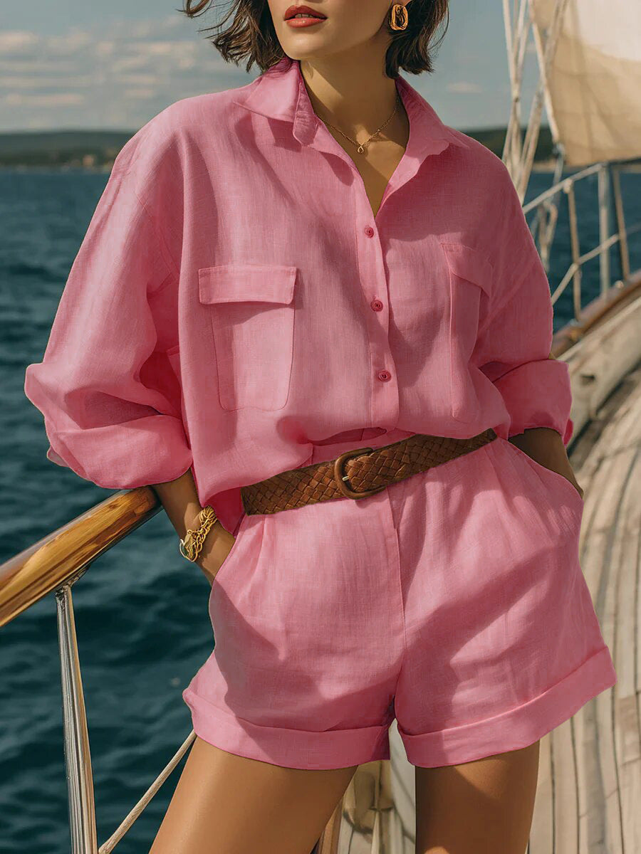 Women's 2 Piece Linen Shirt & Shorts Matching Set