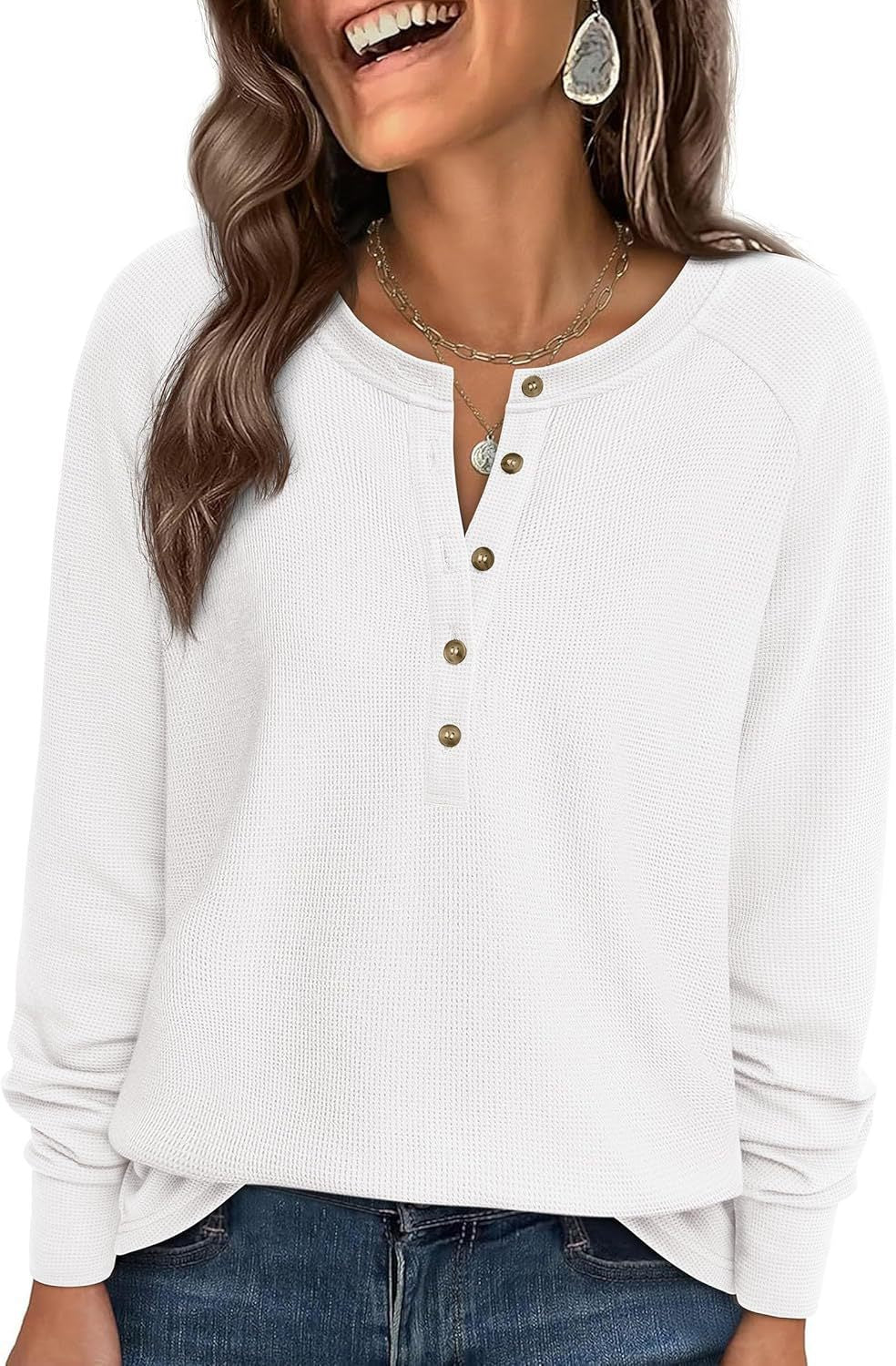 Waffle Knit Henley Top Button V Neck Long Sleeve Tee