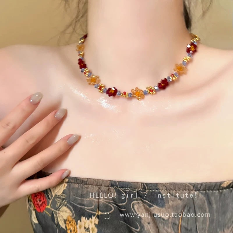 Boho Vintage Handmade Beaded Flower Necklace Bracelet Set